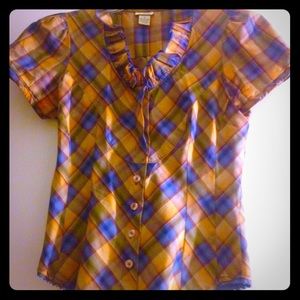 Odille Blue/tan patterned short sleeve blouse