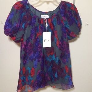 Tibi 100% silk gray jewel tone blouse