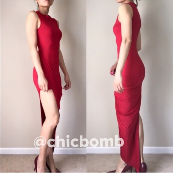 Sale Red bodycon high cut long dress. - Picture 3 of 3