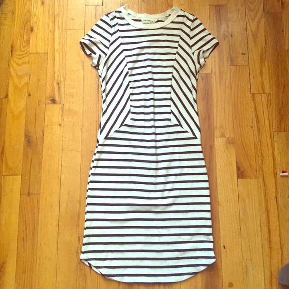Monteau cream and black striped crew neck body con