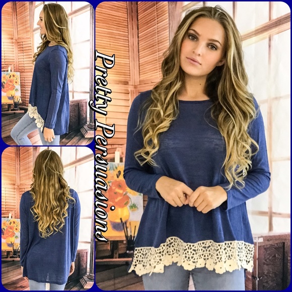 SOLD OUT‼️Blue & Crochet Lace Trim Long Sleeve Top - Picture 2 of 4