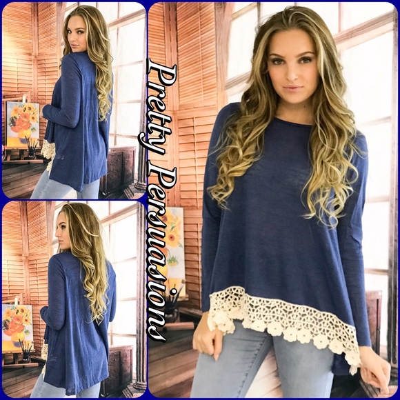 SOLD OUT‼️Blue & Crochet Lace Trim Long Sleeve Top - Picture 3 of 4