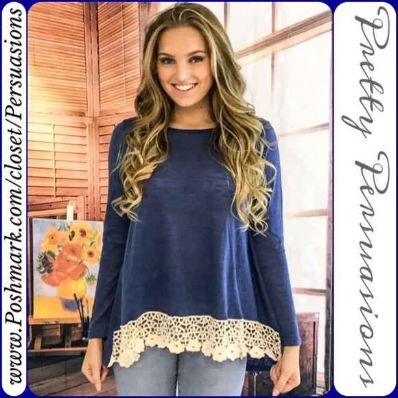 SOLD OUT‼️Blue & Crochet Lace Trim Long Sleeve Top - Picture 4 of 4