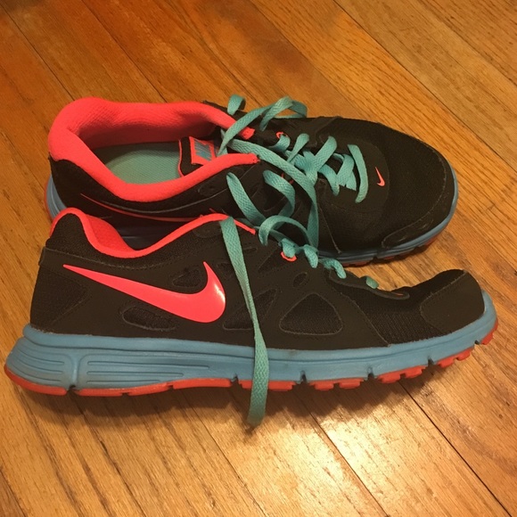 Black, turquoise and coral Nikes