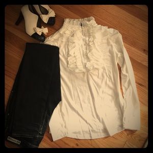 White ruffle front top