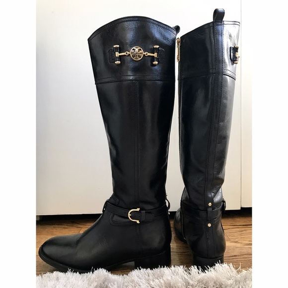 Tory Burch Black Leather Riding Boots Gold Detail