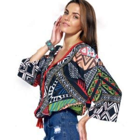 Restocked! Multicolor Tassel Tie Closure Blouse - Picture 3 of 3