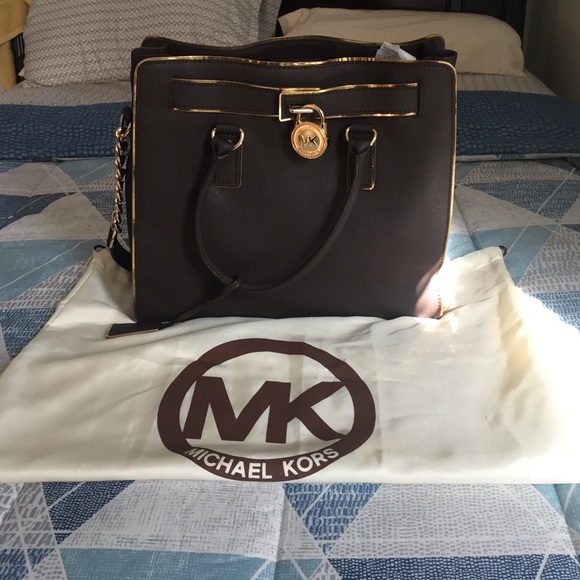 Michael Kors large Hamilton brown/gold handbag.