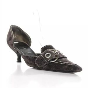 Prada Dark Brown Suede buckle accented pumps, 7