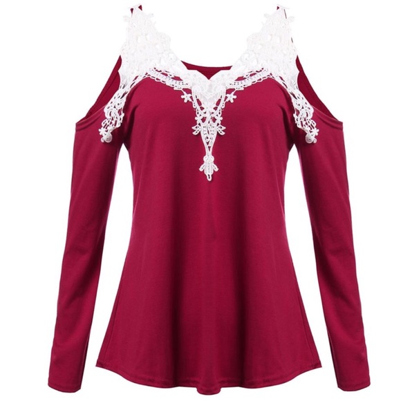 Elegant and Sexy Red Open Shoulder Long Sleeve Top - Picture 2 of 6