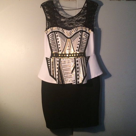 Black White and Gold Peplum Dress