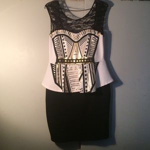 Black White and Gold Peplum Dress