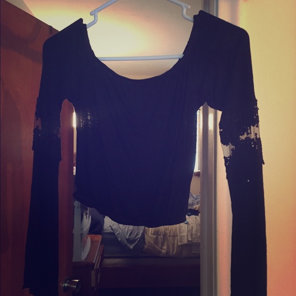 LF Black Long Sleeve Off the Shoulder w Lace Top