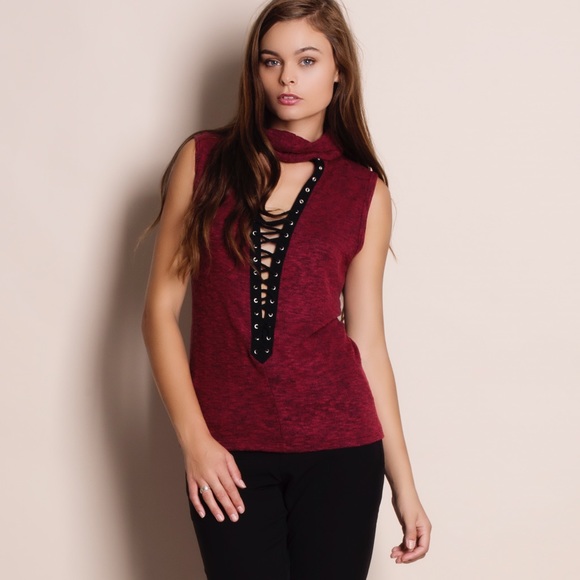 Cowl Neck Lace Up Top - Picture 2 of 4