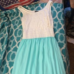 Blue and white tank top, long dress..