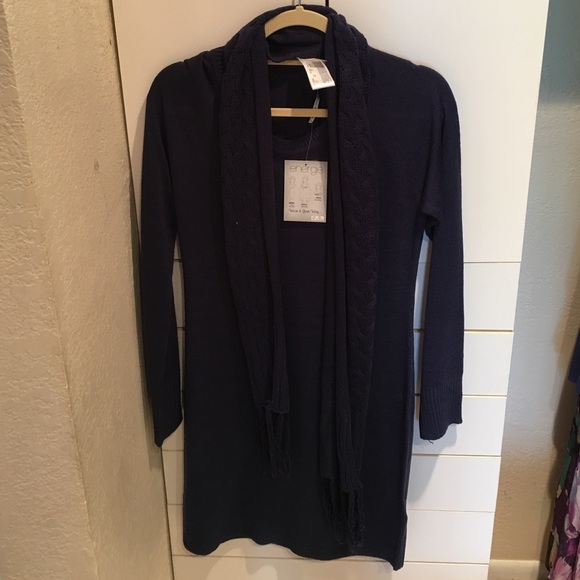 Navy sweater dress with scarf.