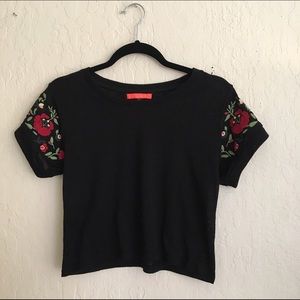 Black Crop Top with Floral Embroidered Sleeves