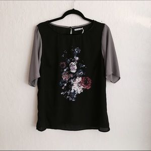 Flowy Black Top with Purple Flowers