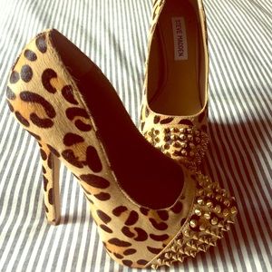 Gold Studded Leopard Calf Hair Pumps