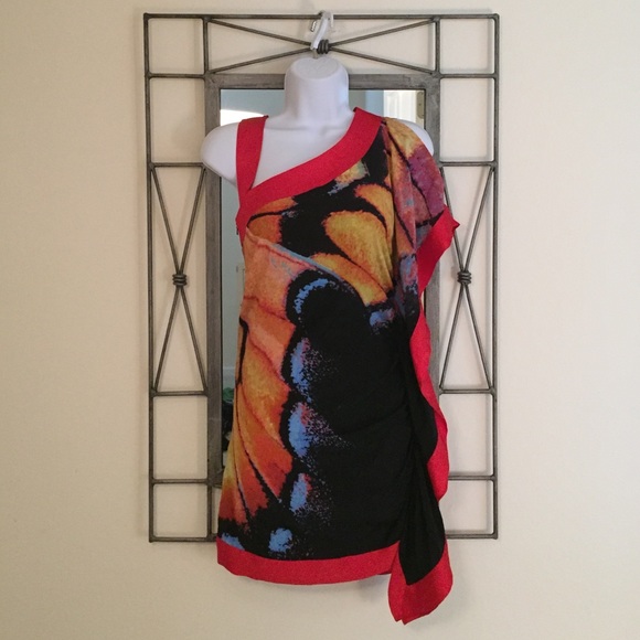 bebe Printed Flyaway/Ruffle Slv Dress
