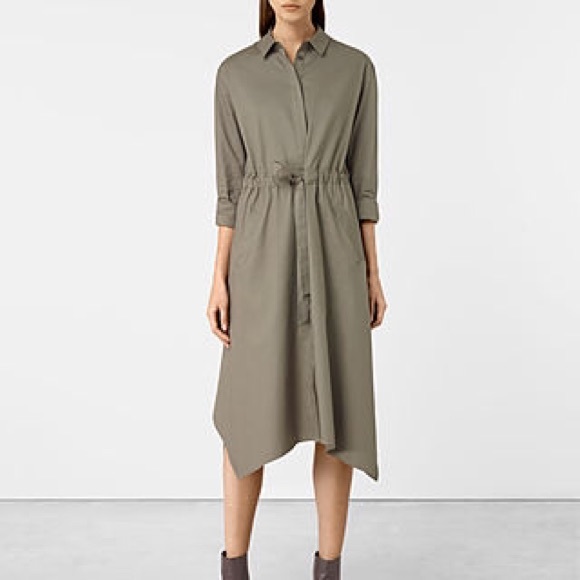 All saints riva button up olive green dress coat