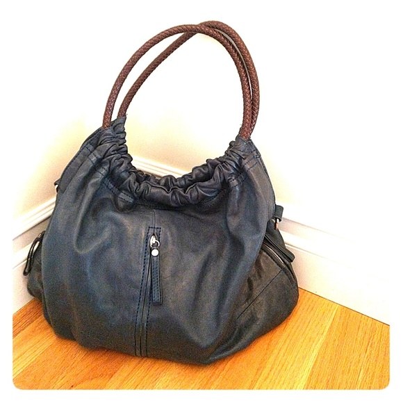 Oversized Sondra Roberts teal leather hobo bag!
