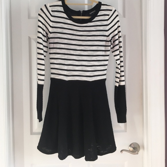 Express Black and White Striped Skater Dress