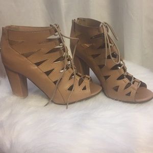 Lace up beige open toe booties