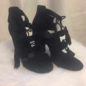 Black lace up open toe booties