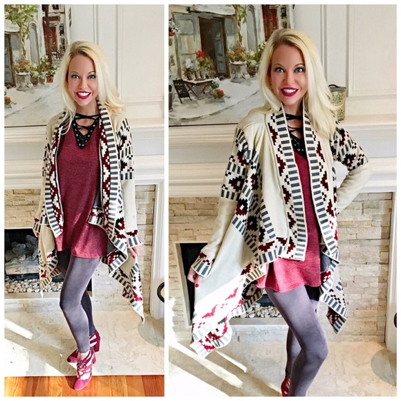 Winter taupe/wine/black cardigan - Picture 2 of 2