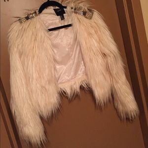 White shirt fur jacket with beaded shoulders