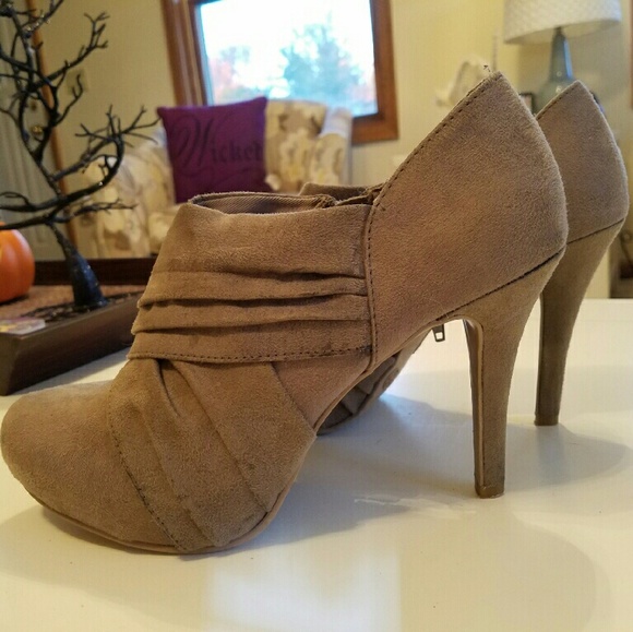 Faux-suede, heeled, ankle booties w/pleats