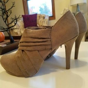 Faux-suede, heeled, ankle booties w/pleats