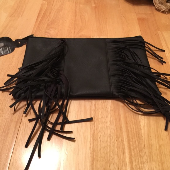 Black fringe clutch.
