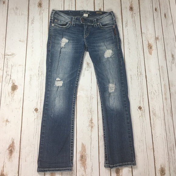 Silver "Tuesday crop" distressed jeans.  Sz 27.