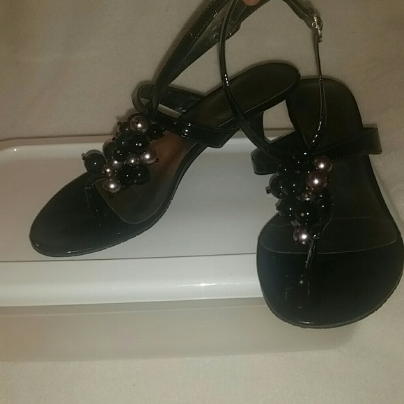 Unisa Silver/Black Beaded Patent Sandals - Picture 2 of 4