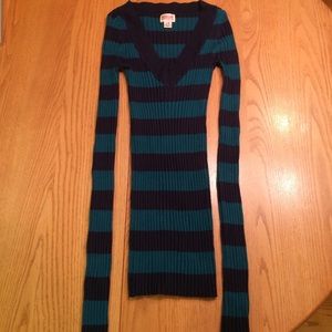 Blue and turquoise v-neck striped sweater