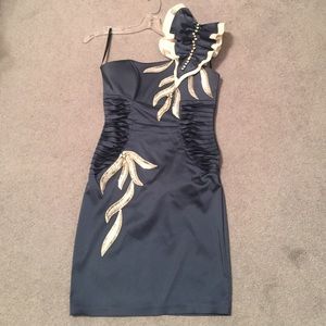 Blue satin a kneelength dress