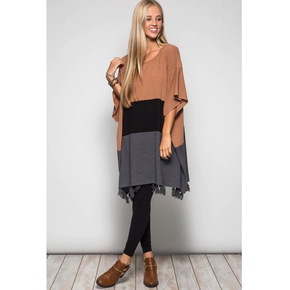 Renee' Color Block Poncho - tan - Picture 3 of 4