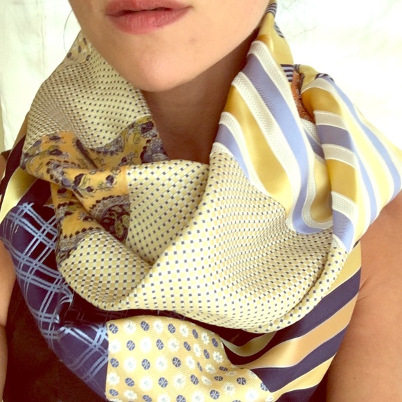 Blue, yellow and white silk infinity scarf