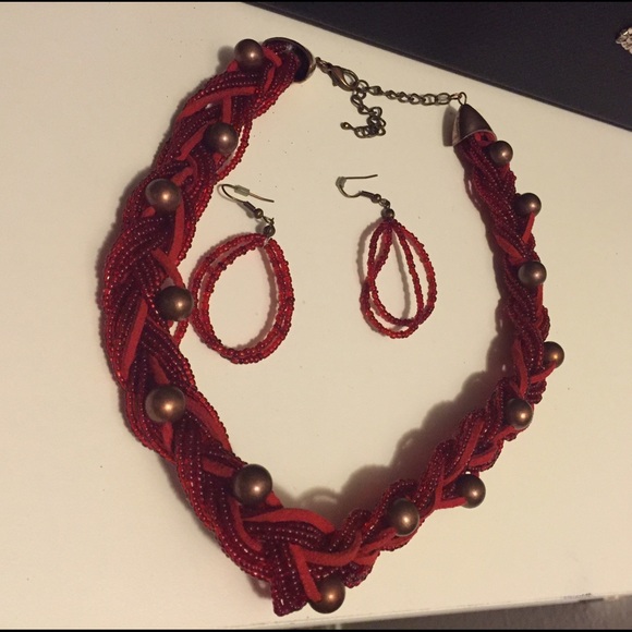 Red beaded necklace and earring set