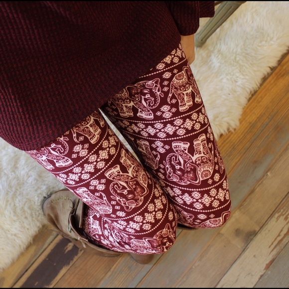 Pants - Burgundy elephant print leggings