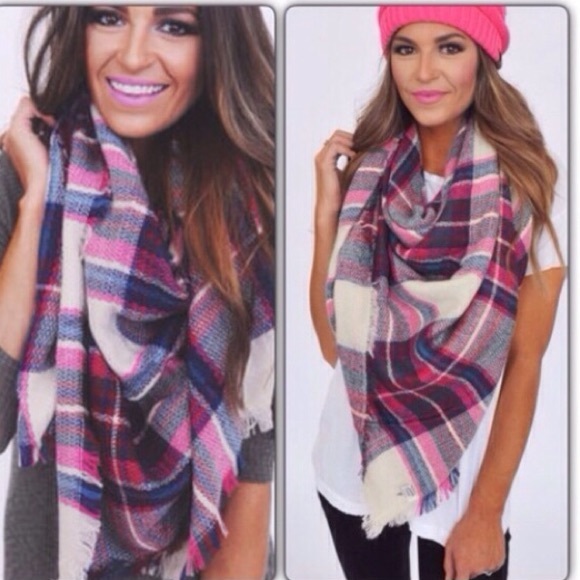 Accessories - Pink Red Mtrd Plaid Blanket Tartan Oversized Scarf