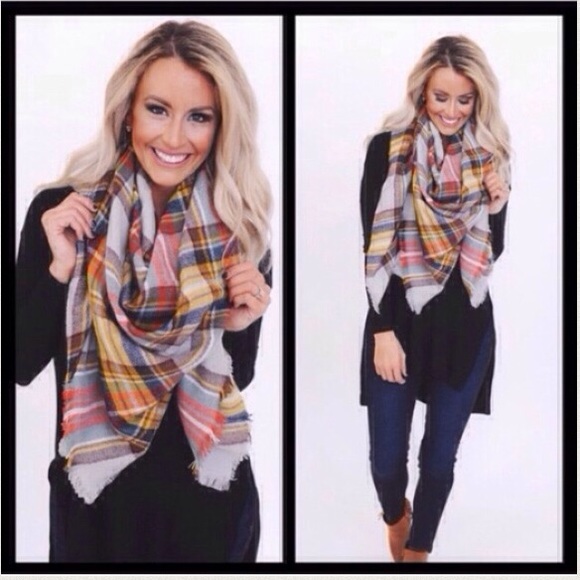 Pink Red Mtrd Plaid Blanket Tartan Oversized Scarf - Picture 2 of 3