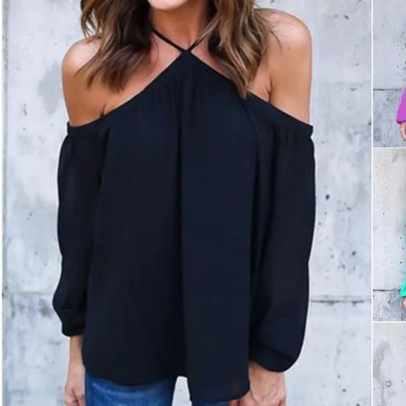 HOT BLACK OPEN SHOULDER CHIFFON TOP - Picture 2 of 5