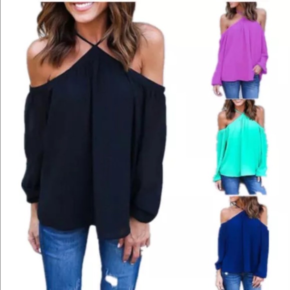 HOT BLACK OPEN SHOULDER CHIFFON TOP - Picture 4 of 5