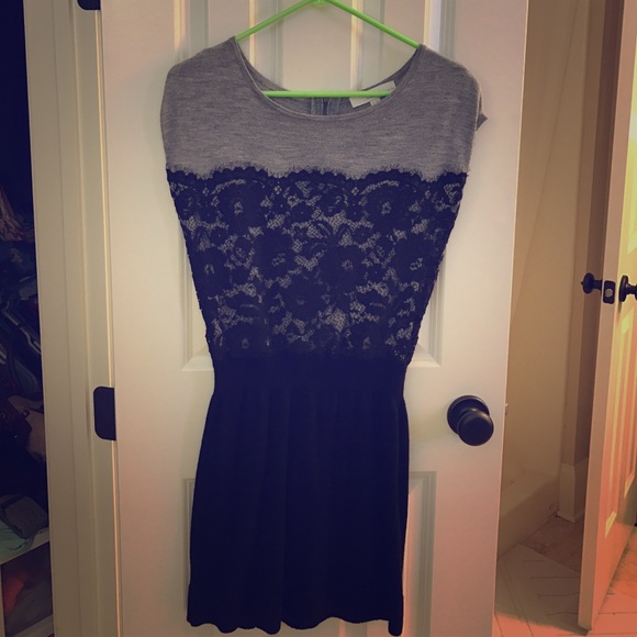 LOFT Gray and Black Lace Knit Dress