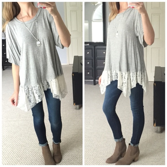 Grey Ribbed Lace Hem Top - Picture 2 of 4