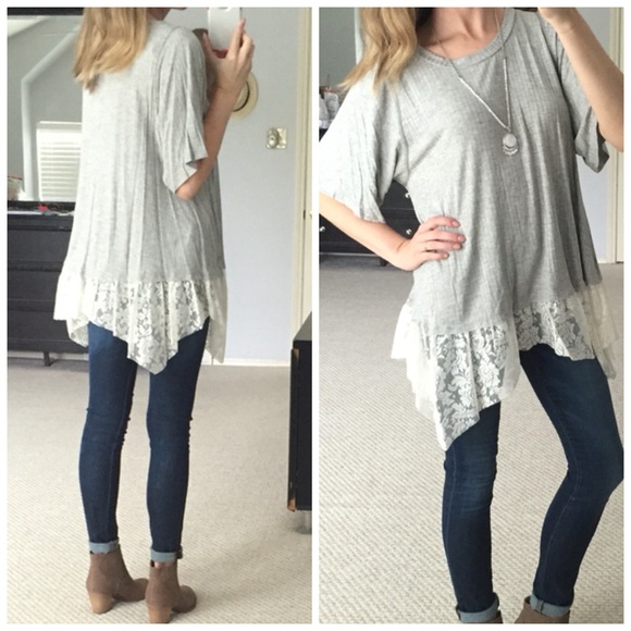 Grey Ribbed Lace Hem Top - Picture 3 of 4