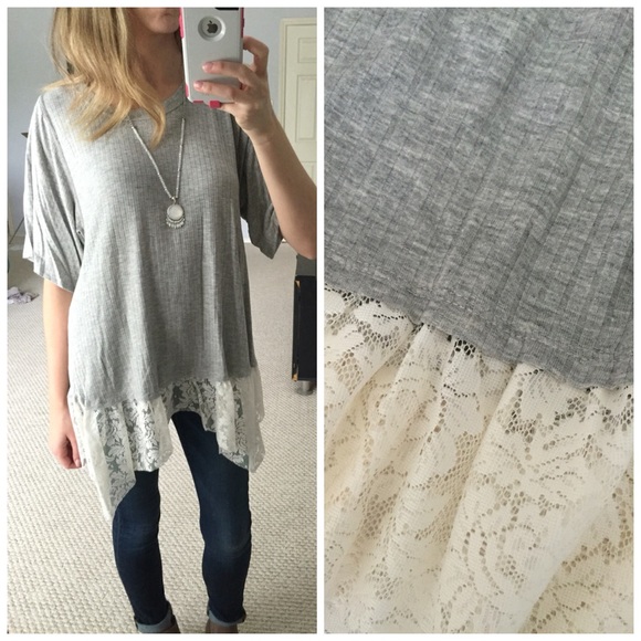 Grey Ribbed Lace Hem Top - Picture 4 of 4